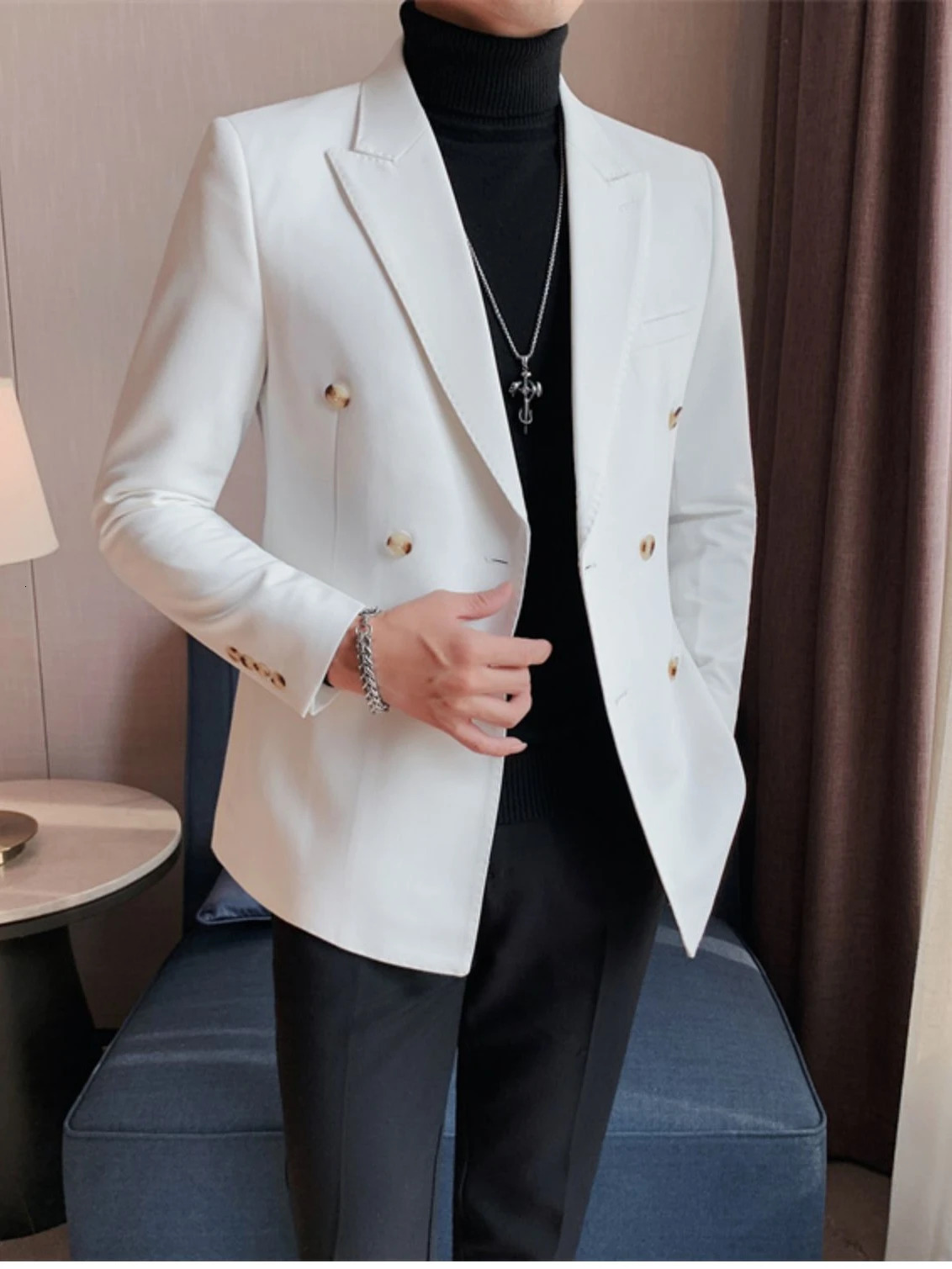 Men's Suits Blazers Men's Double-Breasted Business Suit Jackets Male Slim Fit Solid Color Office Dress Blazers Casual Trendy Autumn L43 2312