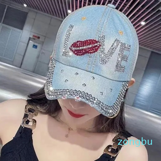 Ball Caps Women's Hats Rhinestone Baseball Cap Outdoor Sports Snapback For Women Denim Lipstick Pattern Hat