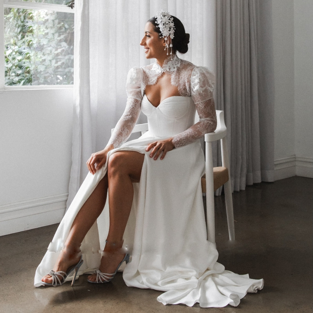 High Slit A Line Wedding Dresses for Women Lace Jacket Sweetheart Bridal Gown Pleat Satin Garden Vestidos De Novia