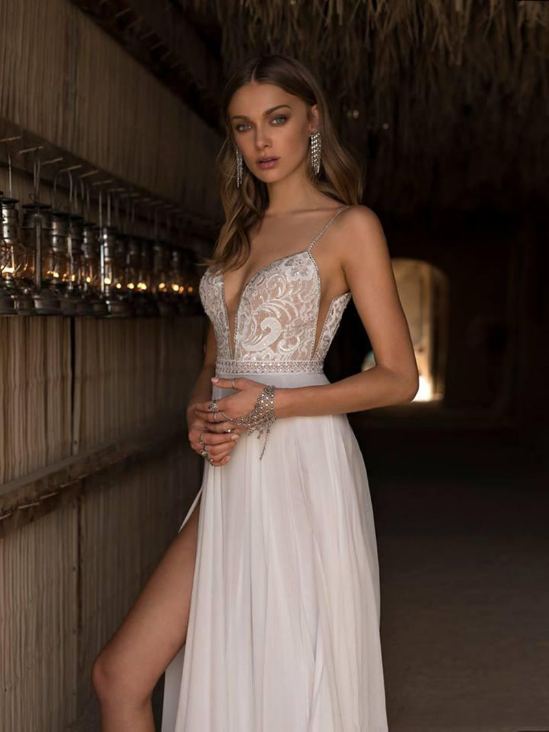 Spaghetti Mordern Deep V-Neck Wedding Gown For Bride Sleeveless Trendy Backless Chiffon Lace Capped Split Front Customised