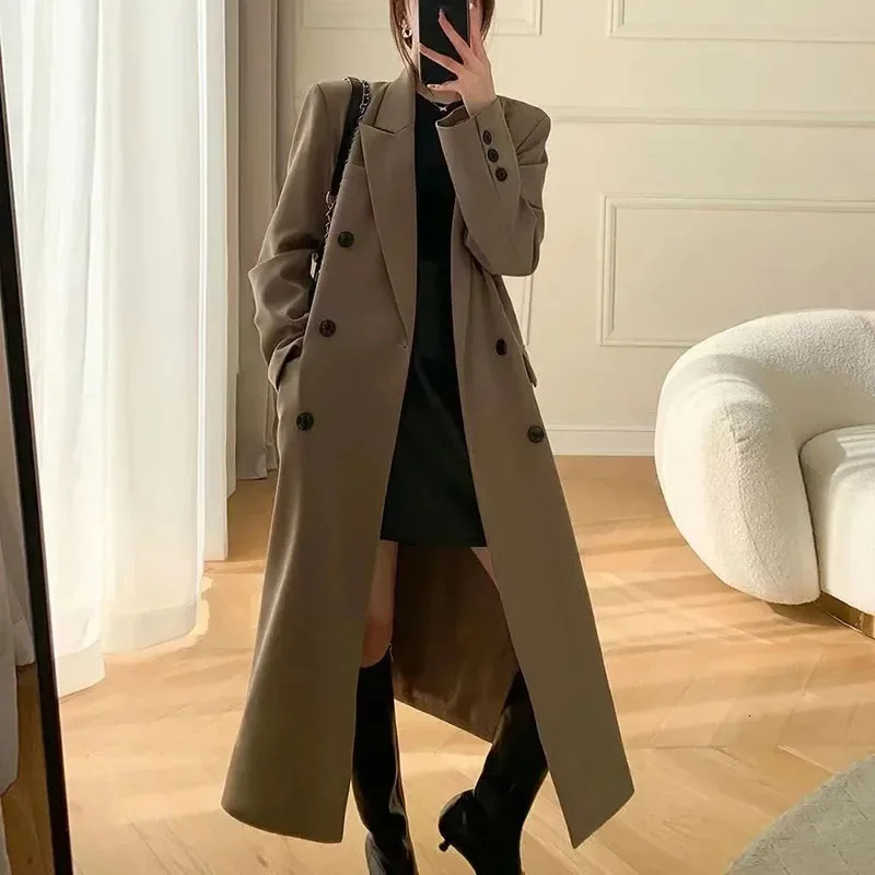 Women's Trench Coats Autumn Fashion Women Suit Long Coats Harajuku Double Breasted Solid Long Windbreaker Elegant Office Lady Solid All Match Jac