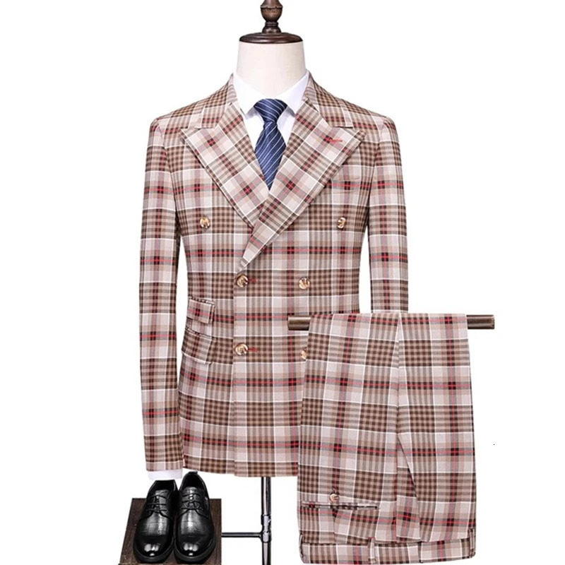 Men's Suits Fashion Men Double Breasted Plaid Suit Coat Pants 2 Pcs Set / Male Slim Fit Business Wedding Blazers Jacket Trousers 231205