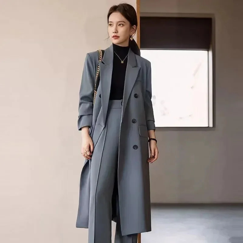 Women's Trench Coats Autumn Fashion Women Suit Long Coats Harajuku Double Breasted Solid Long Windbreaker Elegant Office Lady Solid All Match Jac
