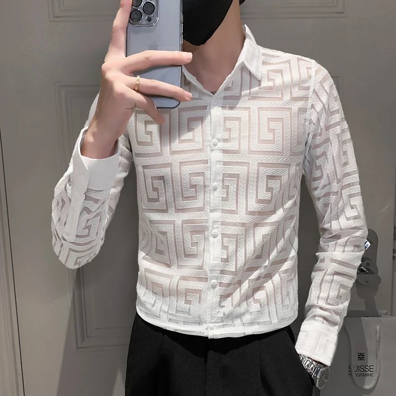 Men's Casual Shirts Autumn Sexy Transparent Lace Shirt Men Clothing Simple All Match Slim Fit Long Sleeve Club/Prom Tuxedo Chemise Homme 4XL 2312