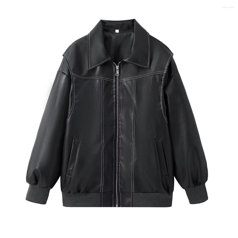 Women's PU Leather Jacket Autumn Spring Casual Loose Motorcycle Biker Outwear Red
