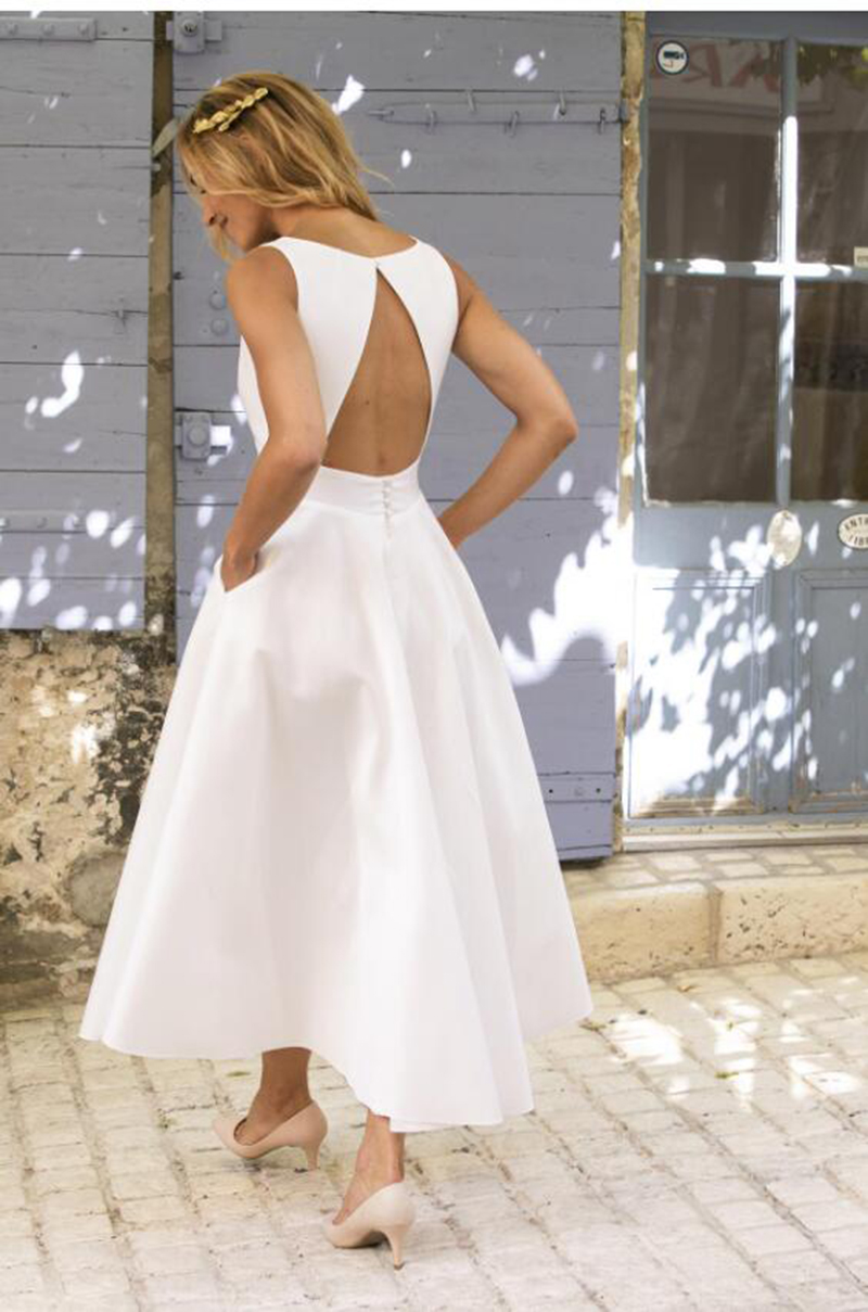Sleeveless V-Neck Wedding Dresses For Women 2023 Bride Backless Classic A-Line Satin Ankle-Length Simple Personalised