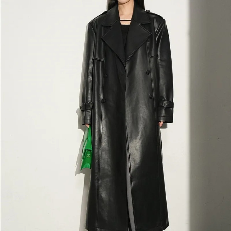 Women's Trench Coats High Fashion Women Long Sleeve PU Trench Coats Long Overcoat Vintage Leather Windbreaker Outerwear Autumn Winter Belt Jacket