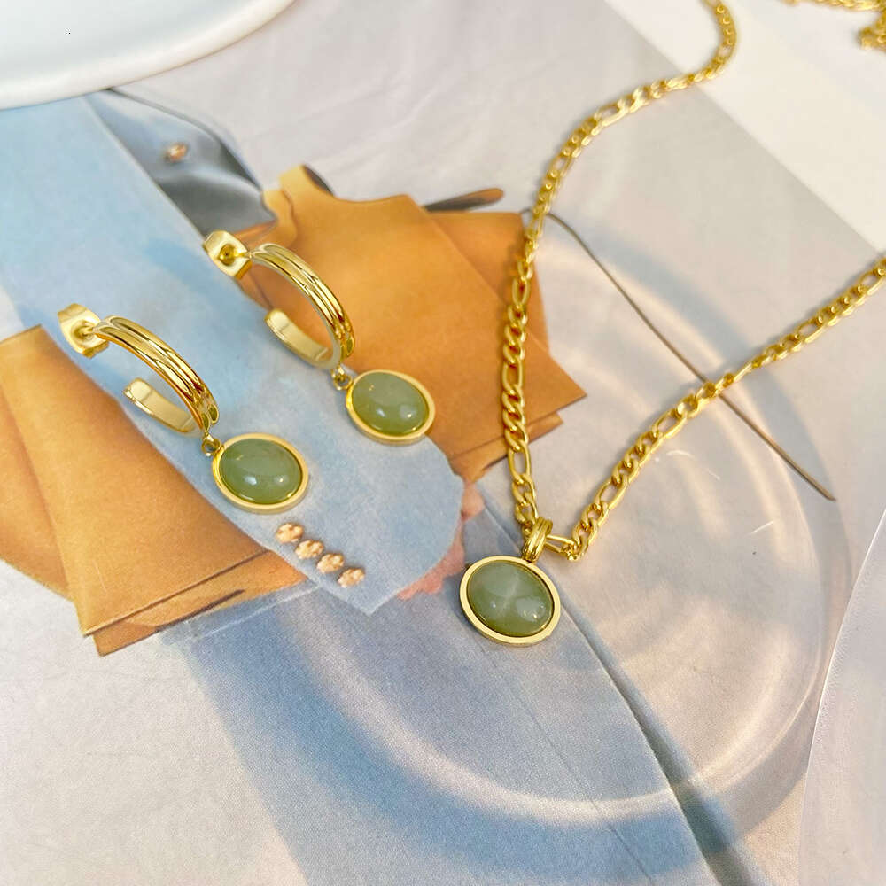 Green Aventurine Jade Round Pendant Figaro Chain Stainless Steel Necklace Earrings Set Vintage Gold Plated Jewelry for Women