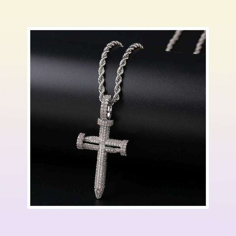 hip hop nail cross diamonds pendant necklaces for men luxury crystal pendants copper zircons 18k gold platinum plated lovers chain