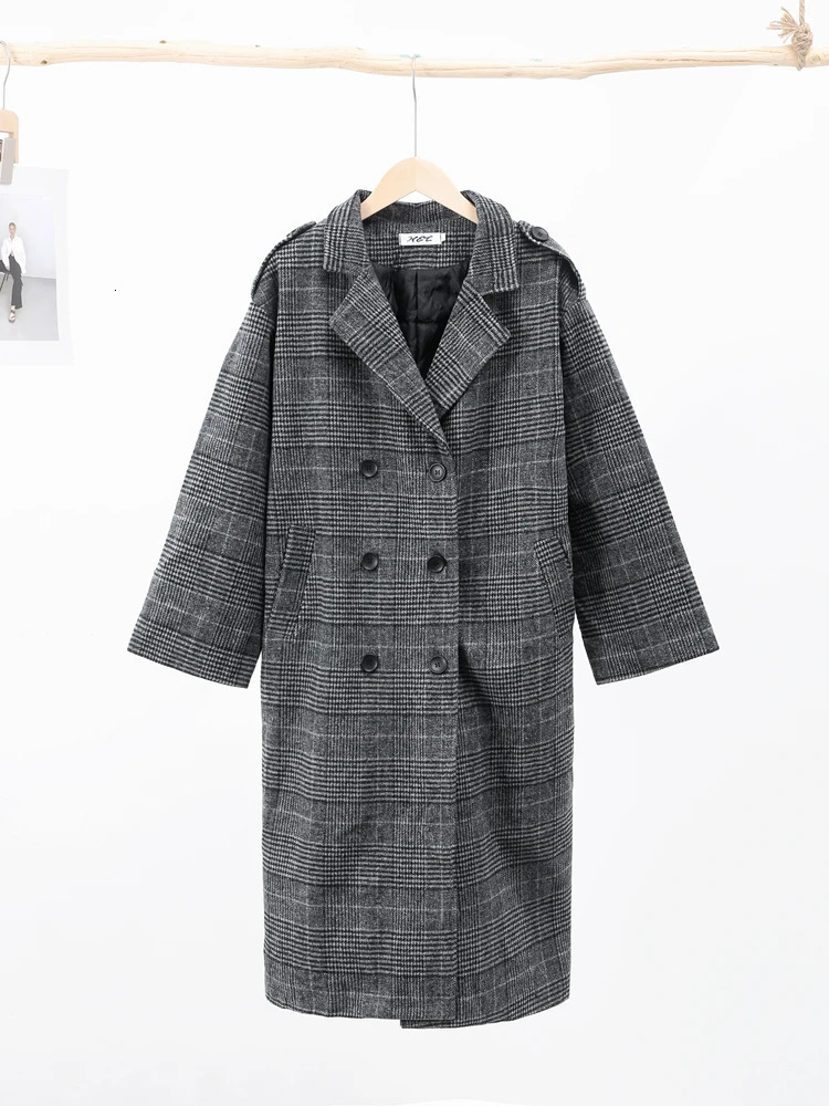 Women's Trench Coats Woamn Plaid Wool Warm Overcoat Turn-down Collar Loose Long Jackets Autumn Winter Korean Fashion Femlae Outerwear Trench Coat