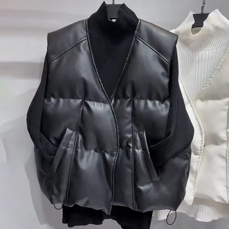 Women's Vests Korean Style PU Leather Down Cotton Jackets For Women Winter Warm Women's Vest Fashion V-neck 4XL Casual Vests For Women 23120