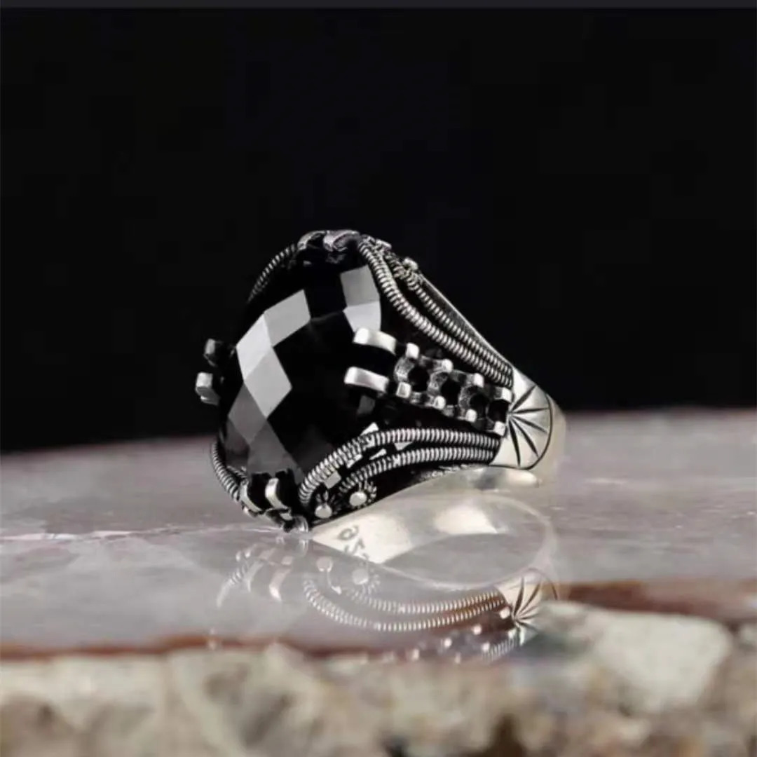 Wedding Rings Retro Handmade Turkish Ring for Men Vintage Double Swords Black Zircon Punk Trendy Islamic Religious Muslim Jewelry 231205