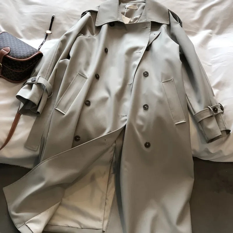 Women's Trench Coats Classic Khaki Long Trench Coats Women Oversize Korean Fashion Belt Windbreaker Fall Spring Overcoat Double Breasted Gabardin