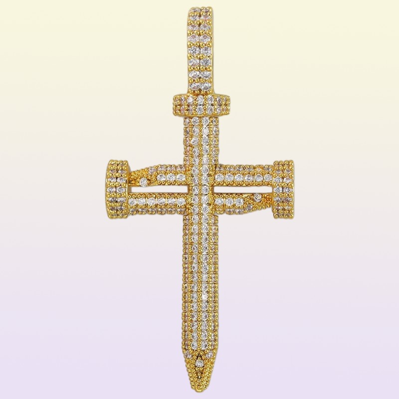 hip hop nail cross diamonds pendant necklaces for men luxury crystal pendants copper zircons 18k gold platinum plated lovers chain