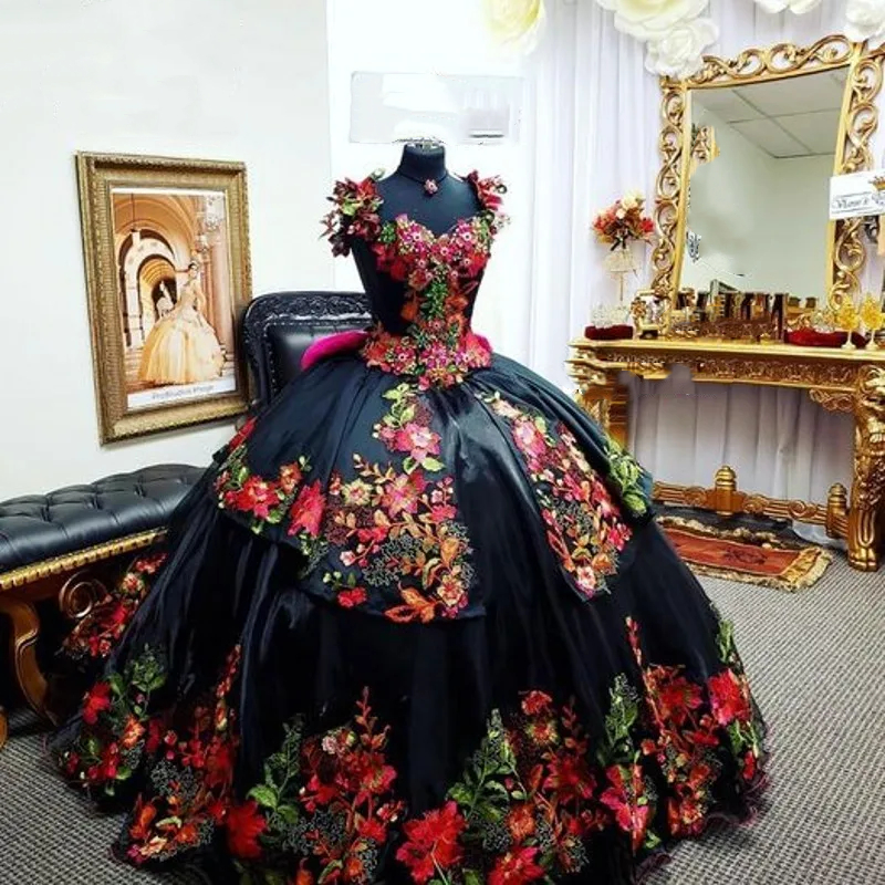 Mexican Black Quinceanera Dresses Floral Lace Applique Off the Shoulder Corset Sweet 16 Dress Charro Colorful Princess Prom Special Occasion Dress Fuc