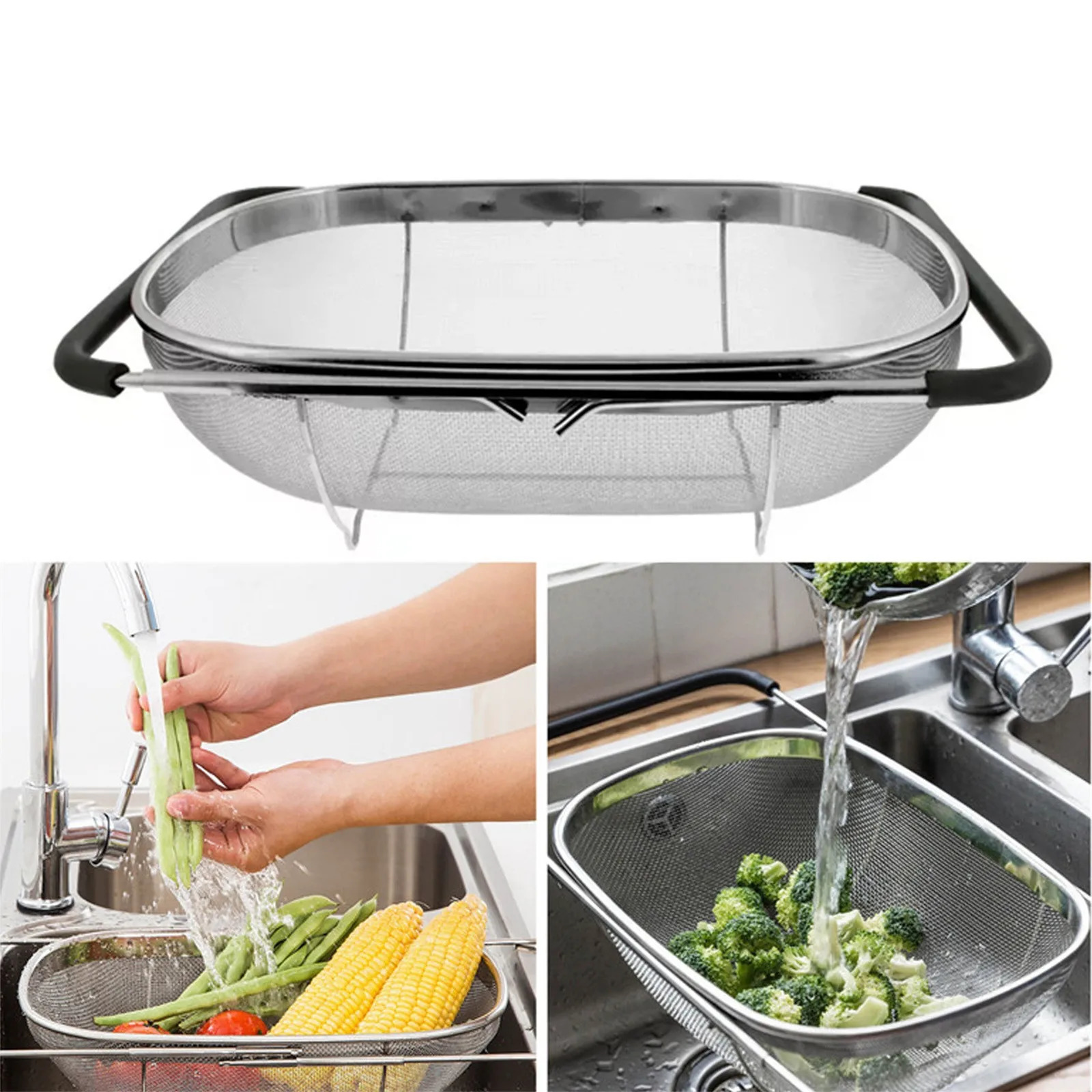 Sink Strainers Kitchen Supply Colander Drain Over The Sink Deep Well Oval Stainless Steel Colander Fine Mesh Extendable Handle Foldable Storage 231204