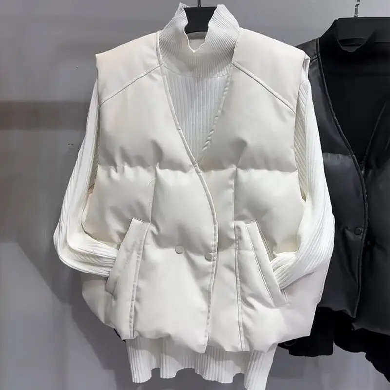 Women's Vests Korean Style PU Leather Down Cotton Jackets For Women Winter Warm Women's Vest Fashion V-neck 4XL Casual Vests For Women 23120