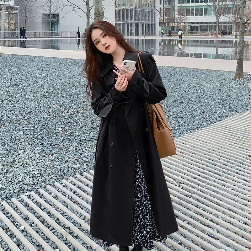 Women's Trench Coats Streetwear Loose Trench Coat Midi Length Fashion Korean Elegant Khaki Black Women's Windbreaker Coat Casual Double Brea