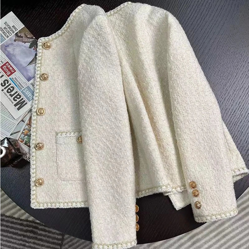 womens suits blazers spring autumn women tweed jacket round neck woolen temperament korean chic short coat blazer outerwear 231204