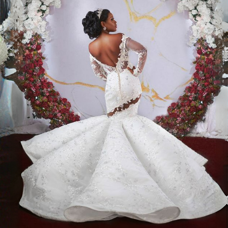Luxurious Mermaid Wedding Dresses Illusion Off Shoulder Long Sleeves Lace Queen Bridal Gowns Elegant for Bride African Black Women Country Style Chape