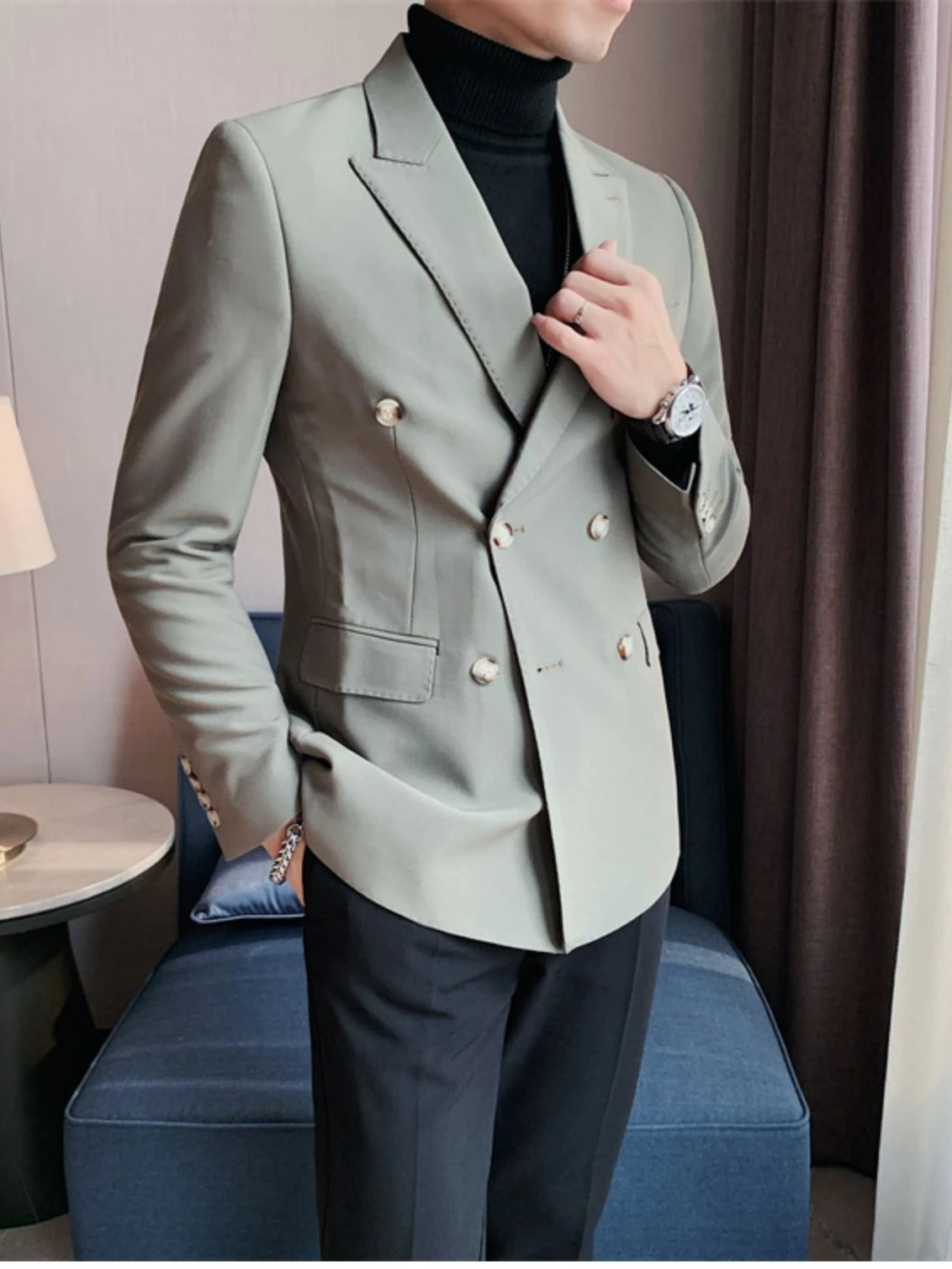 Men's Suits Blazers Men's Double-Breasted Business Suit Jackets Male Slim Fit Solid Color Office Dress Blazers Casual Trendy Autumn L43 2312