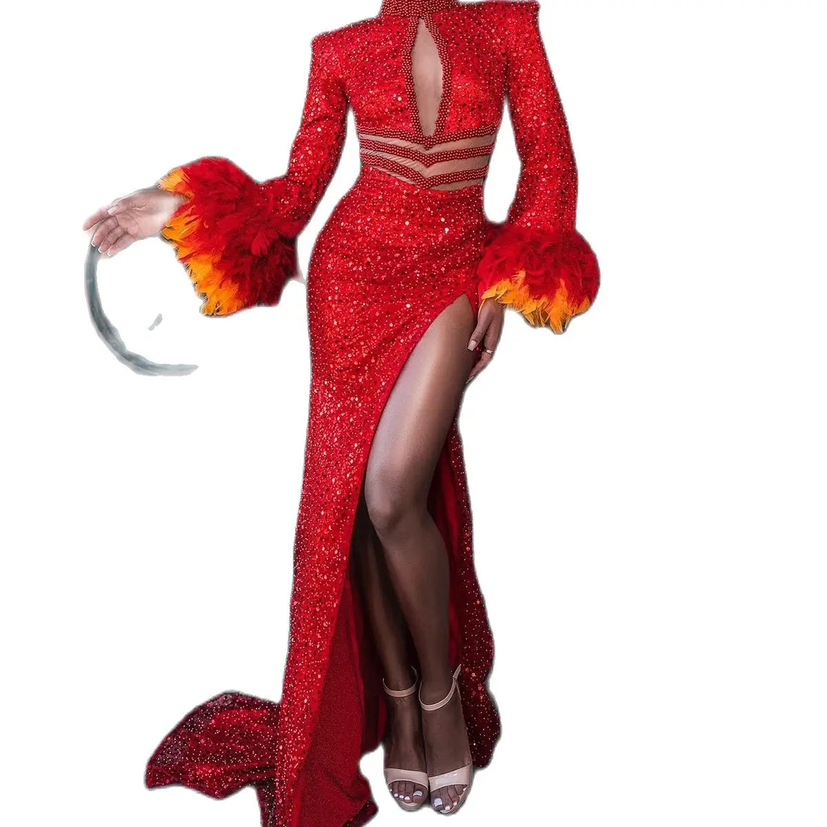 Glitter Sequin Long Prom Dresses Side Split High Neck Feathers Saudi Arabic Women Mermaid Evening Gowns Robe De