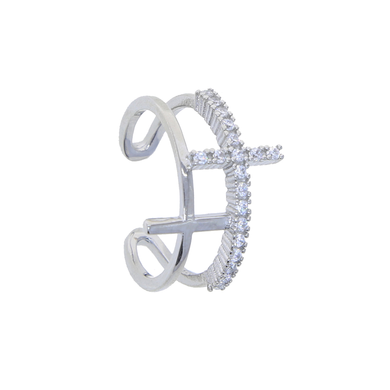 Sterg Sier Double Cross Ring: Open Adjustable Cubic Zirconia Ring for Women
