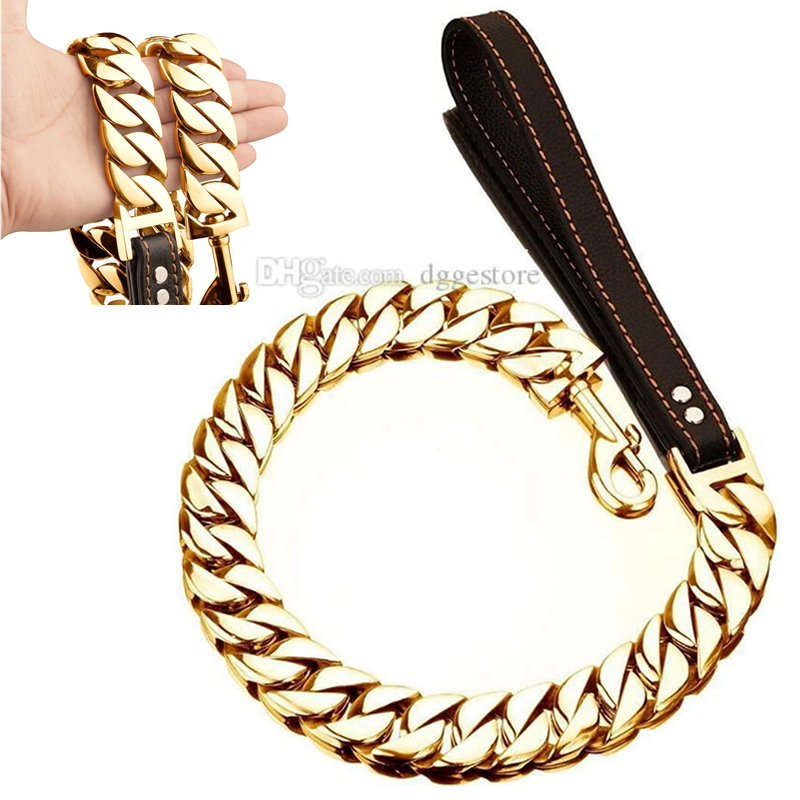 free shipping Dog Leashes Metal Chew Proof 14/19/32MM Heavy Duty Pet Leash Chain with Leather Padded Handle for Large Medium Small Dogs(Total Length o