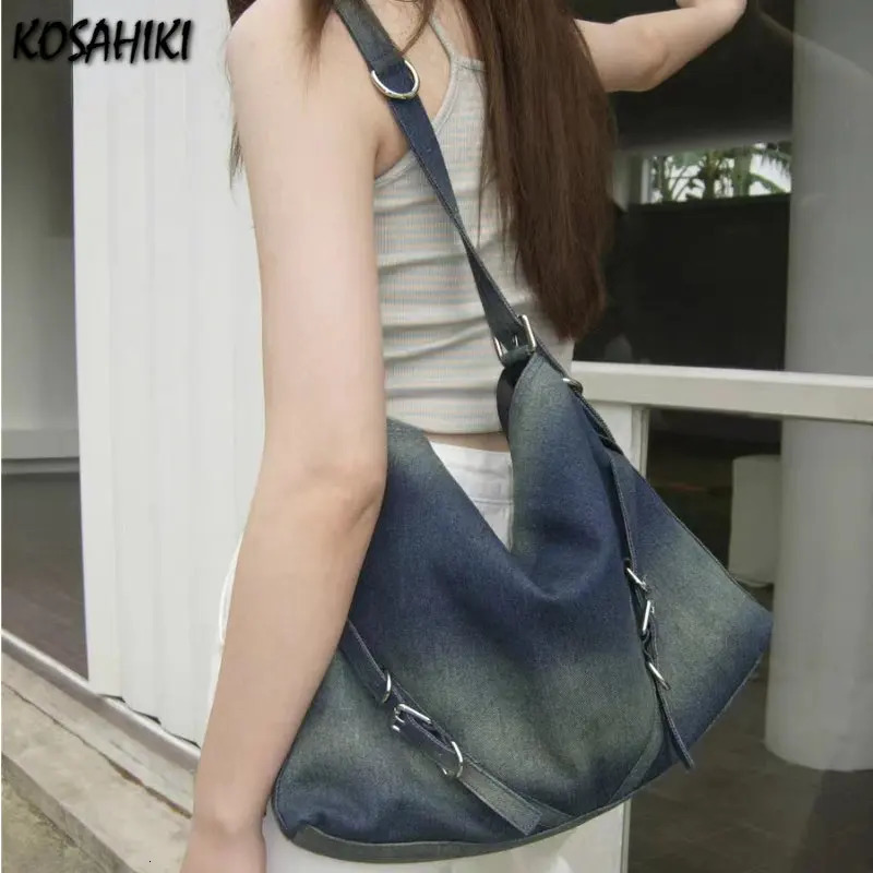 Evening Bags Vintage Streetwear Y2k Aesthetic Denim Tote Bag High-capacity Women Shopping Handbags Trendy All Match Casual Shoulder Bags 231205
