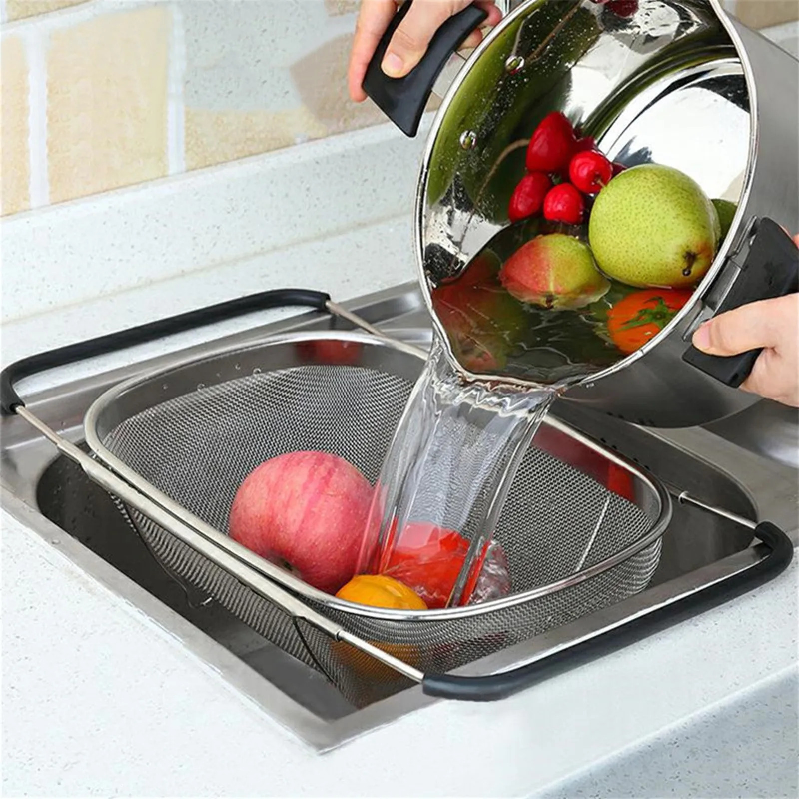 Sink Strainers Kitchen Supply Colander Drain Over The Sink Deep Well Oval Stainless Steel Colander Fine Mesh Extendable Handle Foldable Storage 231204