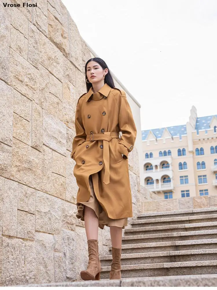 Women's Trench Coats 95% Cotton Khaki Long Women Trench Coat Autumn Winter Turn Down Collar Women Clothes Causal Full Sleeve Belt Trench 231204