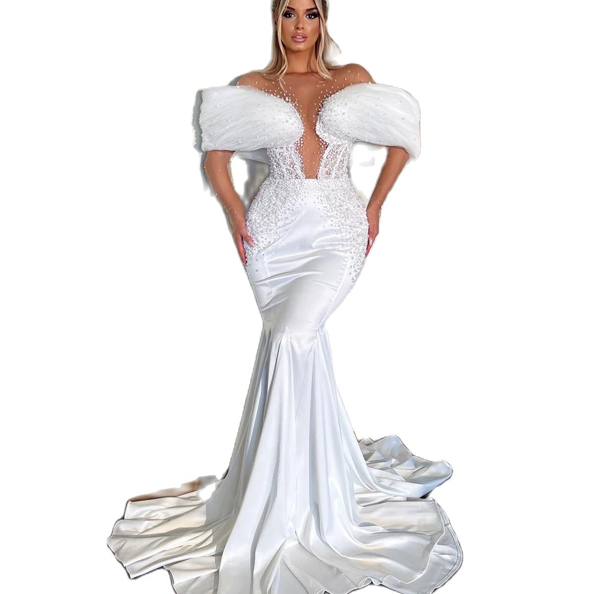Off Shoulder Mermaid Wedding Dresses Luxury Pearls Beads Dress For Bride Sexy Illusion Sweep Train Bridal Gowns