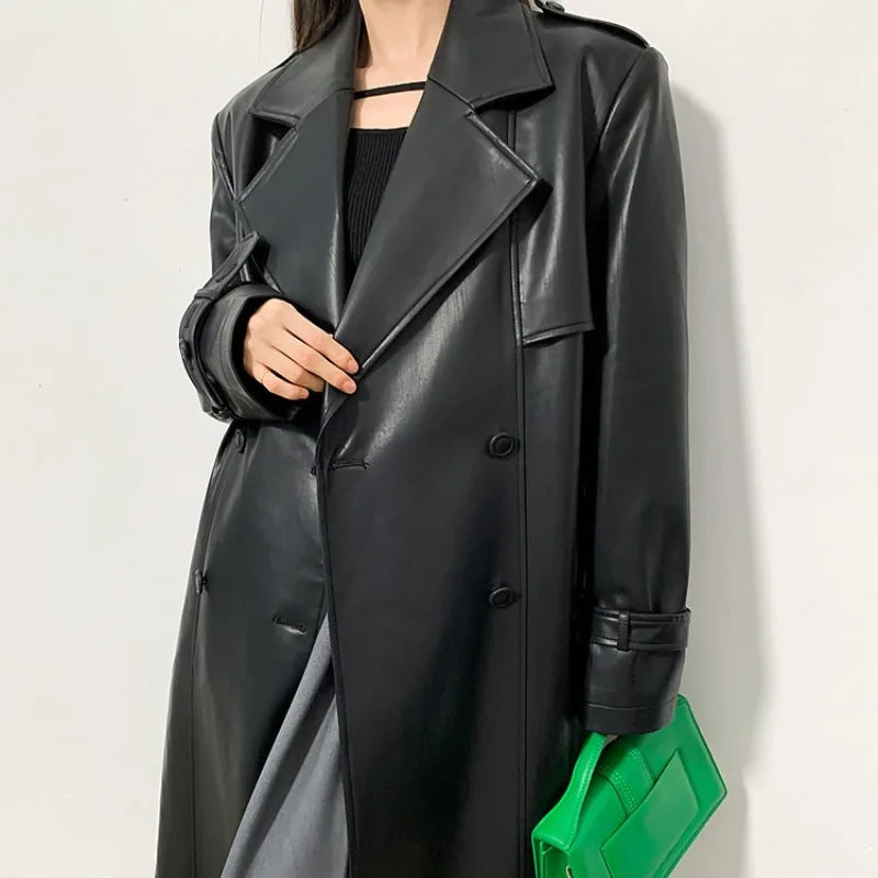 Women's Trench Coats High Fashion Women Long Sleeve PU Trench Coats Long Overcoat Vintage Leather Windbreaker Outerwear Autumn Winter Belt Jacket