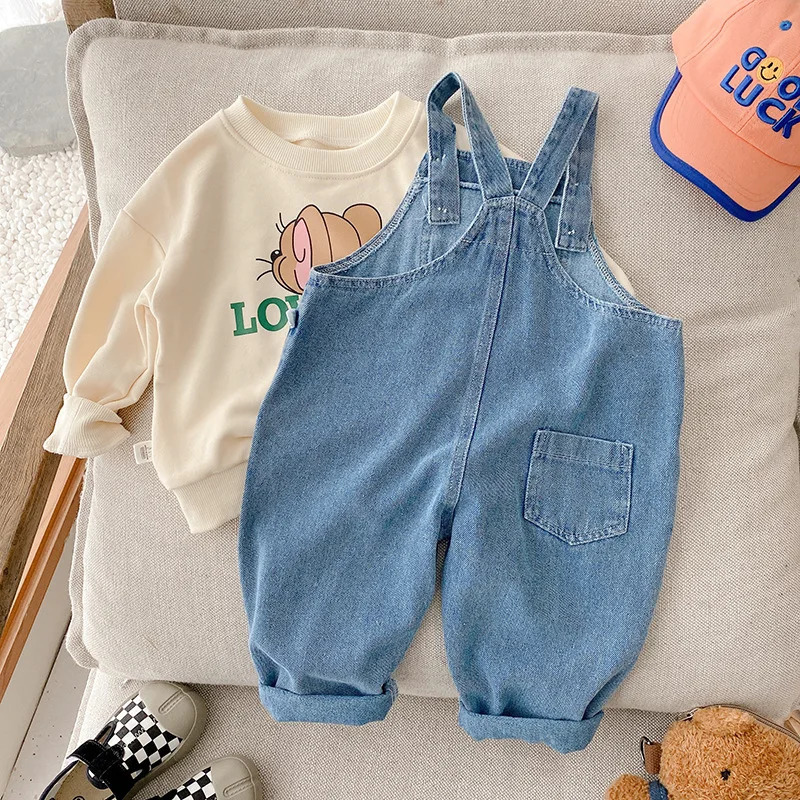 Overalls Autumn Children Denim Jumpsuit 1-7Years Toddler Kid Boy Girl Pocket Loose Suspender Long Pant Jeans Fashion Overalls Clothes 231204