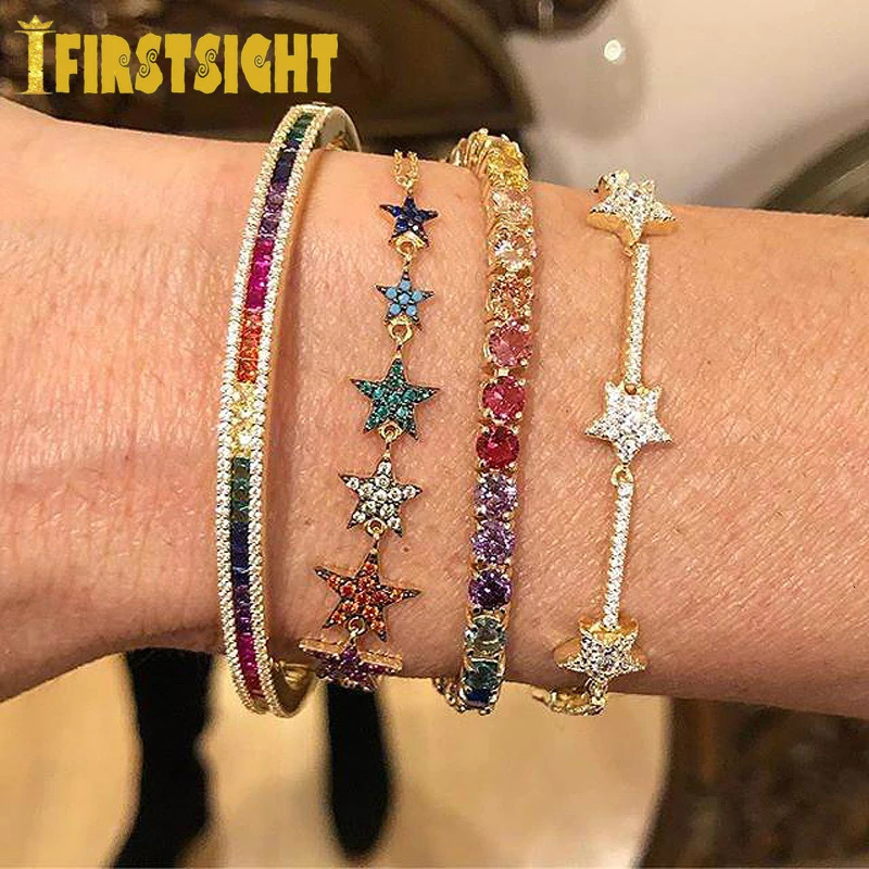 Chain Iced Out StarsTennis Chain Bracelet For Women Rainbow Star Charm Bangle Shiny Crystal CZ Elegant Fancy Jewelry Ladis Femme Gifts 231205