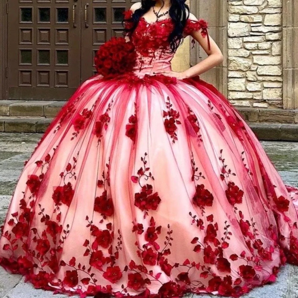 Water Melon Princess Ball Gown Quinceanera Dresses Sleeves Off the Shoulder Appliques Sweet 15 16 Dress Prom Pageant Gowns Vestidos YD
