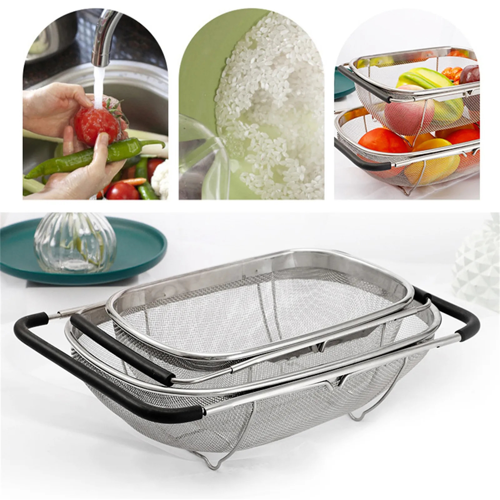 Sink Strainers Kitchen Supply Colander Drain Over The Sink Deep Well Oval Stainless Steel Colander Fine Mesh Extendable Handle Foldable Storage 231204