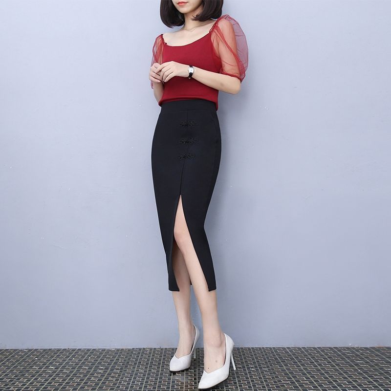 Vintage Black Short skirt Spring Sexy Split Chinese-Style High Waist Hip Skirt Mid-Length Pencil 905J 210420
