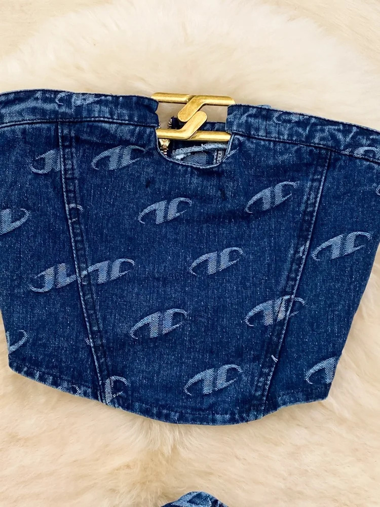 Women's Pants s Fashion Set Retro American Style Bra Denim Tank Top Two Piece Casual High Waist Slim Straight Trouser 231205