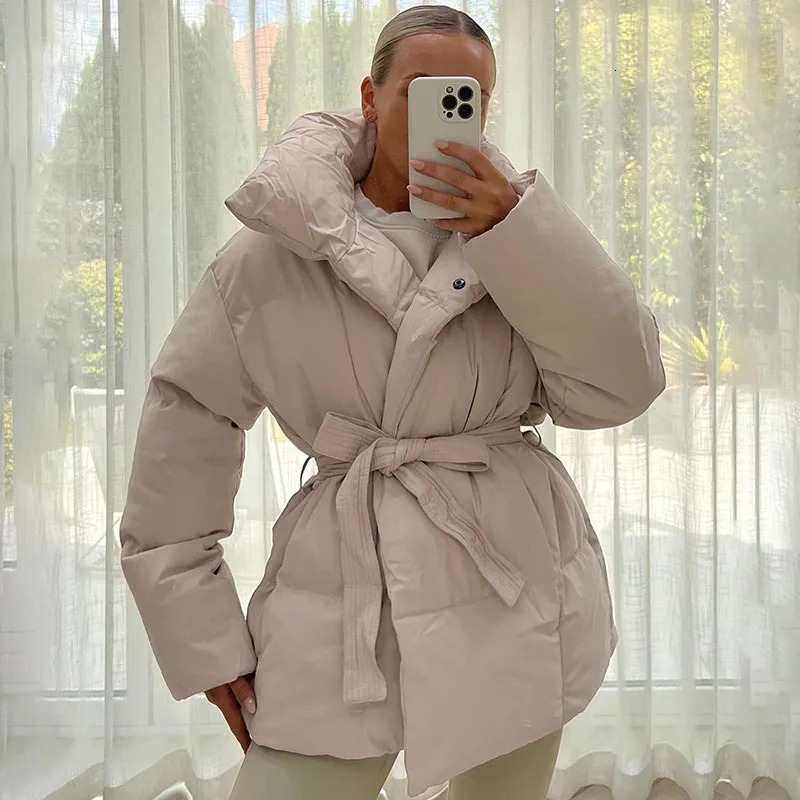Women's Jackets Fandy Lokar Winter Stand Collar Parkas Women Fashion Tie Waist Short Coats Women Elegant Solid Puffer Jackets Female Ladies 23120