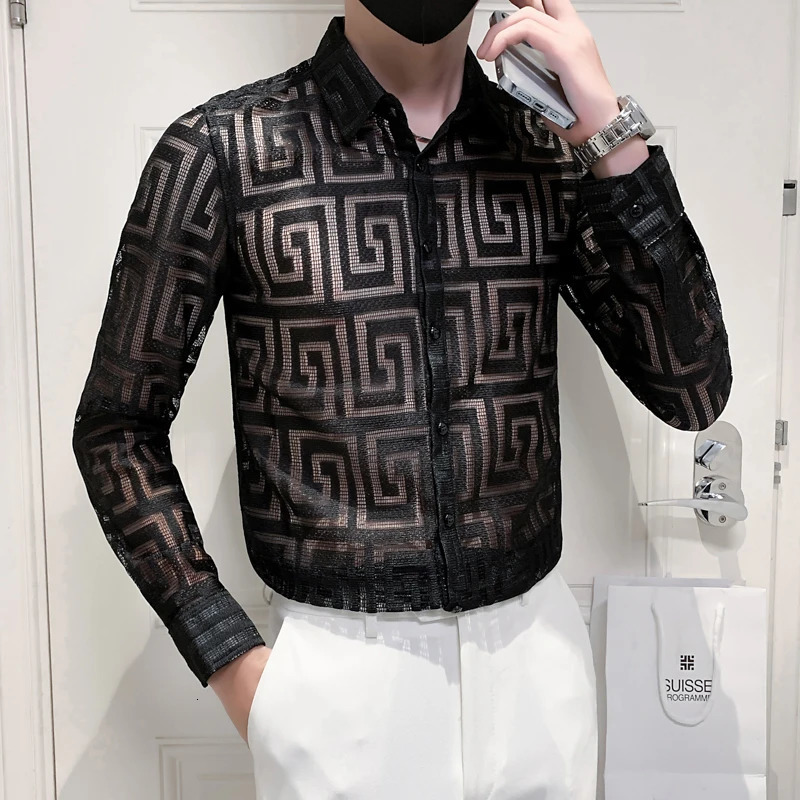 Men's Casual Shirts Autumn Sexy Transparent Lace Shirt Men Clothing Simple All Match Slim Fit Long Sleeve Club/Prom Tuxedo Chemise Homme 4XL 2312