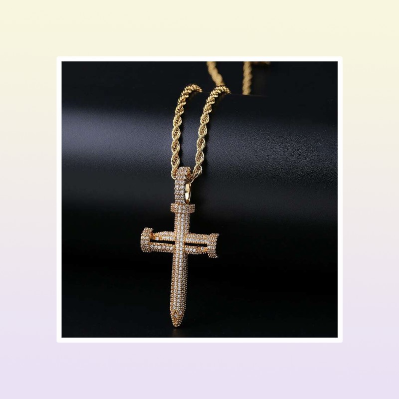 hip hop nail cross diamonds pendant necklaces for men luxury crystal pendants copper zircons 18k gold platinum plated lovers chain