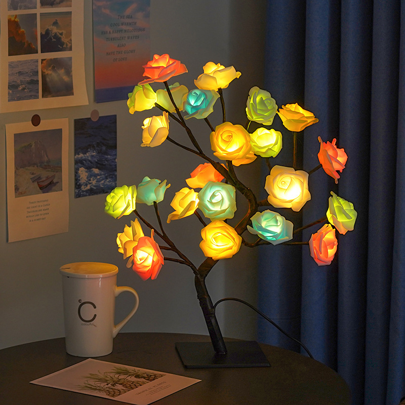 24 LED Rose Tree Lights USB Plug Table Lamp Fairy Flower Night Light For Home Party Christmas Wedding Bedroom Decoration Gift D3.0