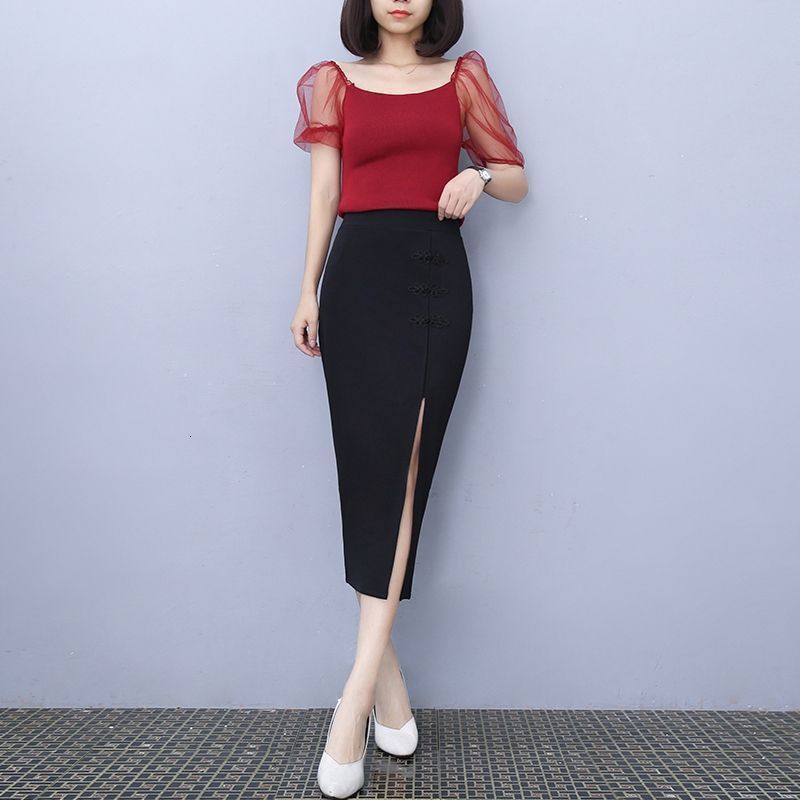 Vintage Black Short skirt Spring Sexy Split Chinese-Style High Waist Hip Skirt Mid-Length Pencil 905J 210420