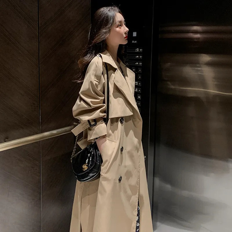 Women's Trench Coats Womens Autumn Classic Double Breasted Long Trench Jacket with Belt Female Solid Color Lapels Windbreaker Winter Coat for Wom