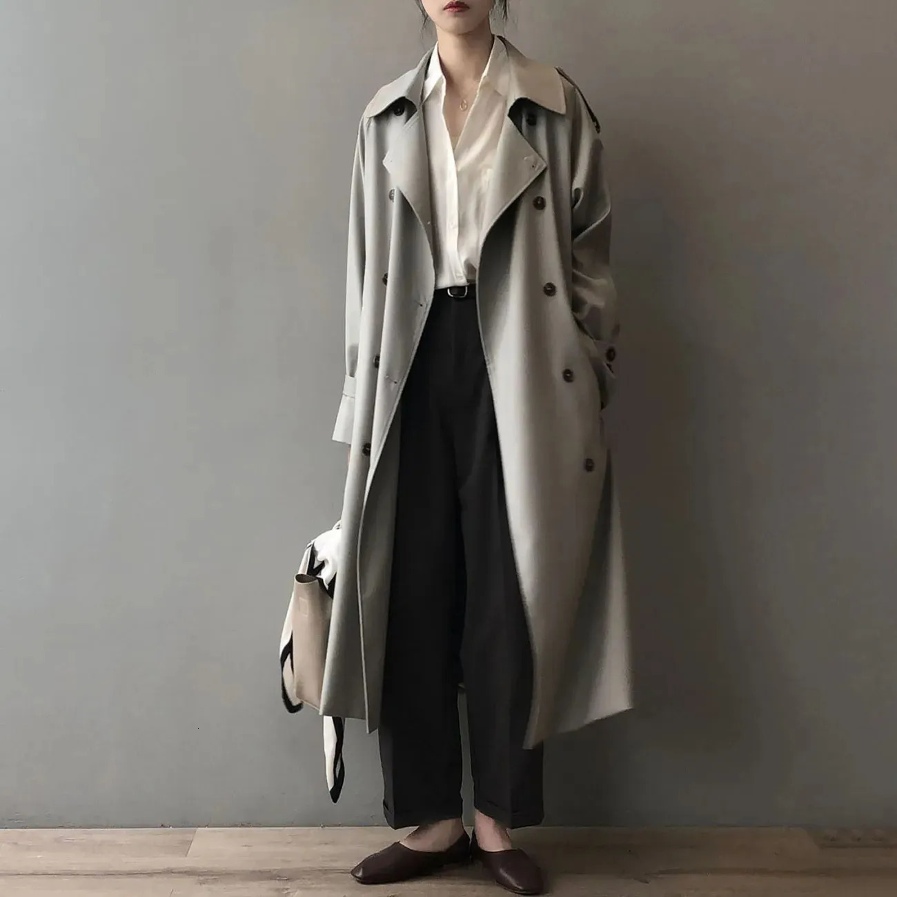 Women's Trench Coats Classic Khaki Long Trench Coats Women Oversize Korean Fashion Belt Windbreaker Fall Spring Overcoat Double Breasted Gabardin