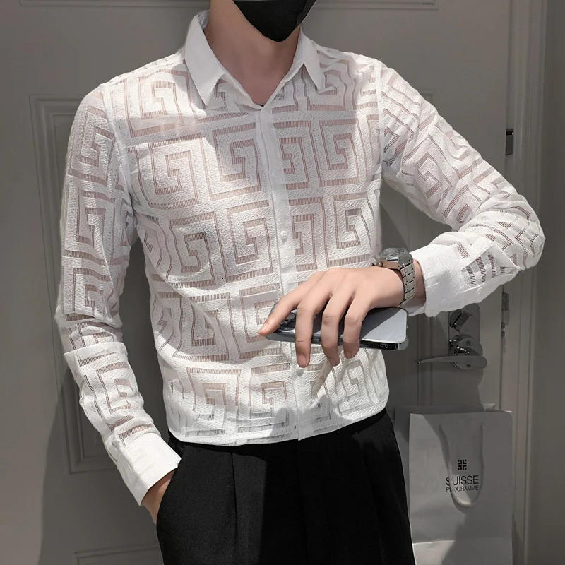 Men's Casual Shirts Autumn Sexy Transparent Lace Shirt Men Clothing Simple All Match Slim Fit Long Sleeve Club/Prom Tuxedo Chemise Homme 4XL 2312