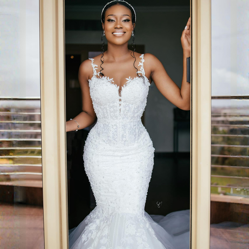 Elegant Mermaid Wedding Dresses Spaghetti Straps Fulllace Appliqued Tiered Tulle Bridal Dress for Birde African Black Women Country Style Chapel Dress