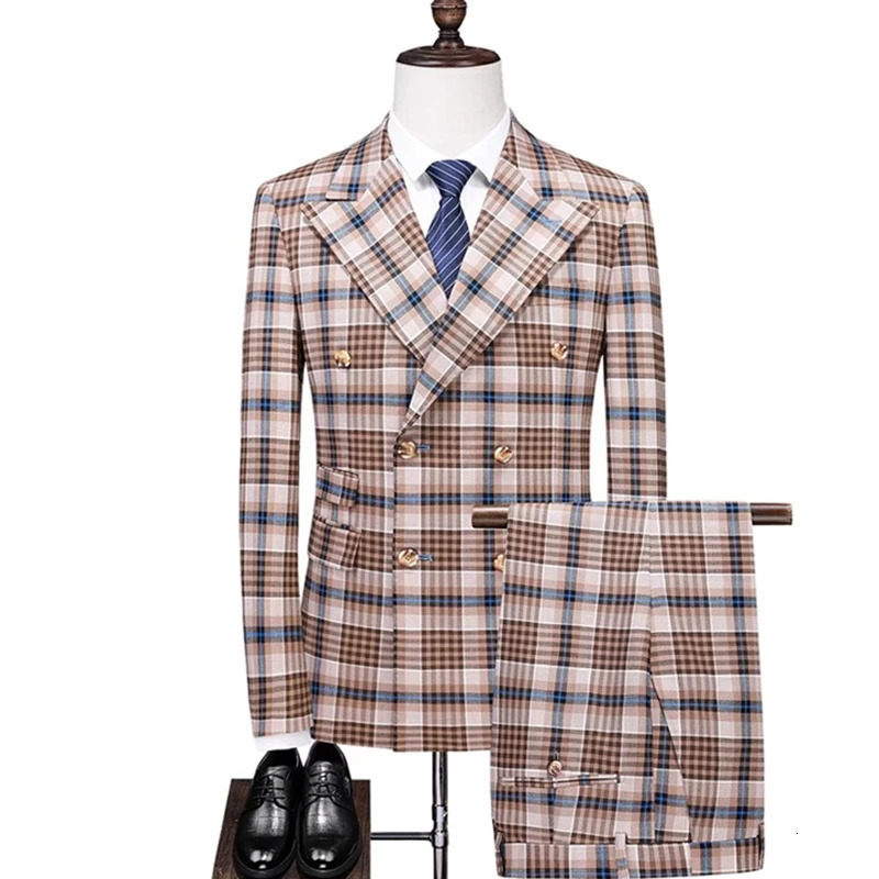 Men's Suits Fashion Men Double Breasted Plaid Suit Coat Pants 2 Pcs Set / Male Slim Fit Business Wedding Blazers Jacket Trousers 231205