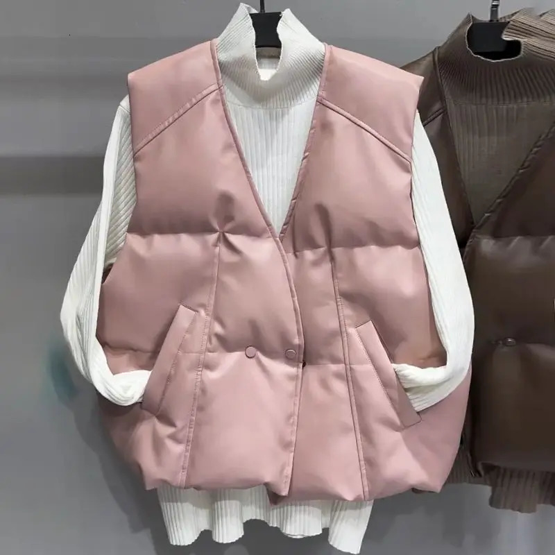 Women's Vests Korean Style PU Leather Down Cotton Jackets For Women Winter Warm Women's Vest Fashion V-neck 4XL Casual Vests For Women 23120